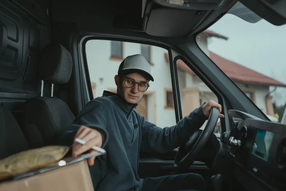 A delivery driver wearing a white cap and glasses sits in the driver's seat of a van