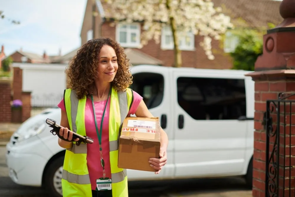 A female delivery driver with curly hair, wearing a pink shirt and a neon yellow safety vest, walks toward a house holding a cardboard package and a digital tablet.