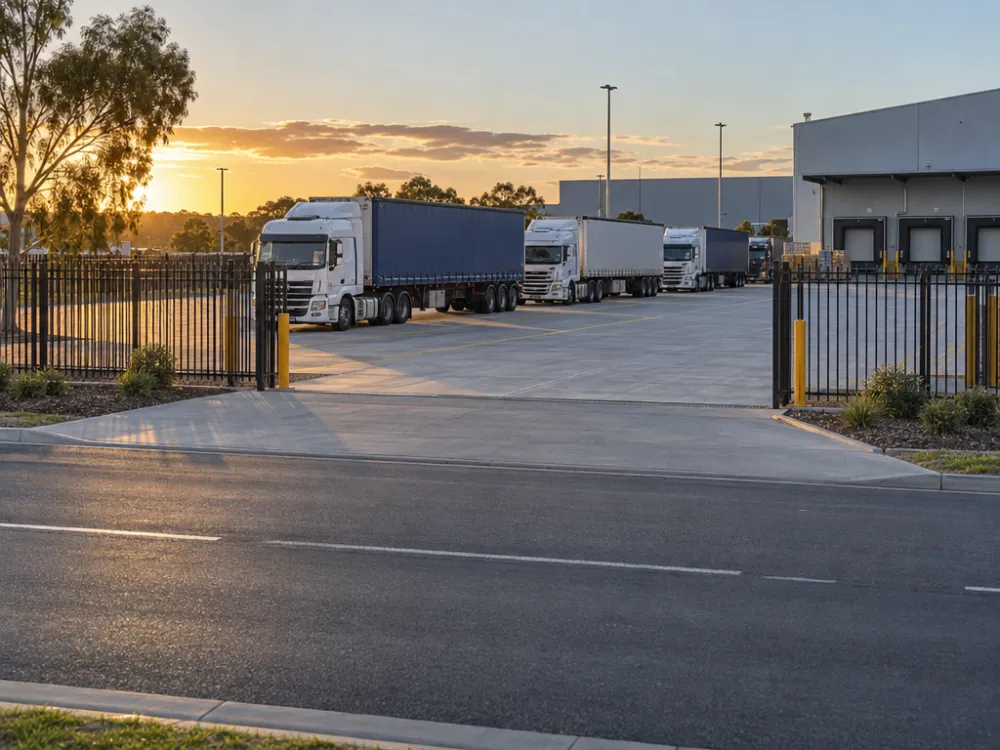 Three prime movers with trailers parked in a fenced distribution centre yard at sunset, with the empty road outside the gate.