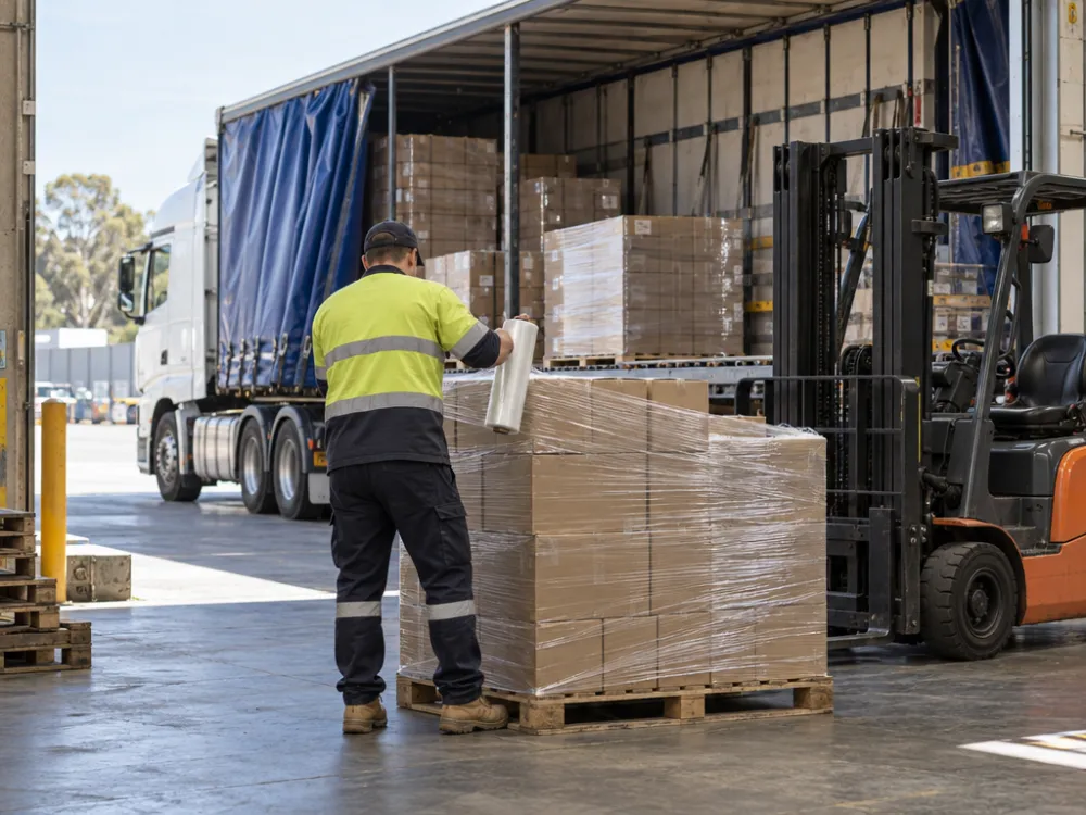 Warehouse worker in hi-vis, seen from behind, stretch-wrapping a pallet of cartons at a loading dock, with a forklift beside and a curtain-sider truck behind.