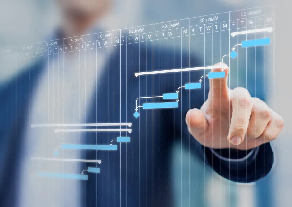 A person in a business suit points their finger toward a digital, translucent Gantt chart interface.