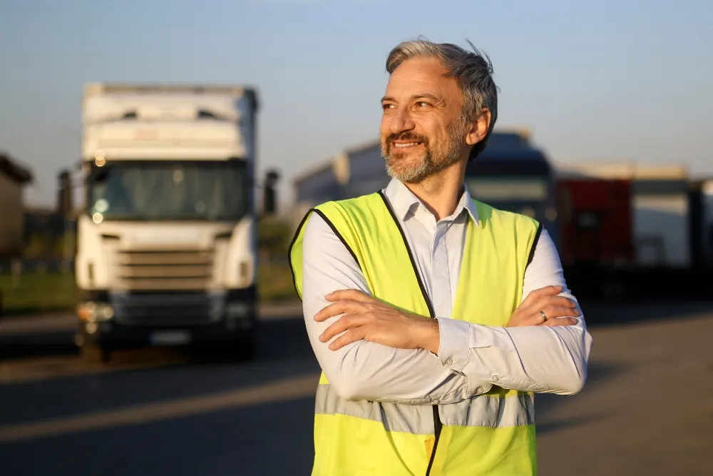 A smiling, middle-aged man with salt-and-pepper hair and a beard stands with arms crossed in a parking lot.