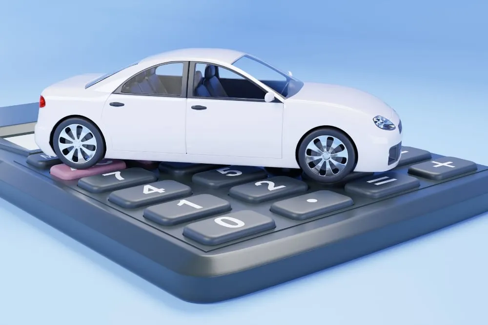 A 3D rendering of a small, white toy car sitting on top of a large grey calculator with black buttons against a solid light blue background.