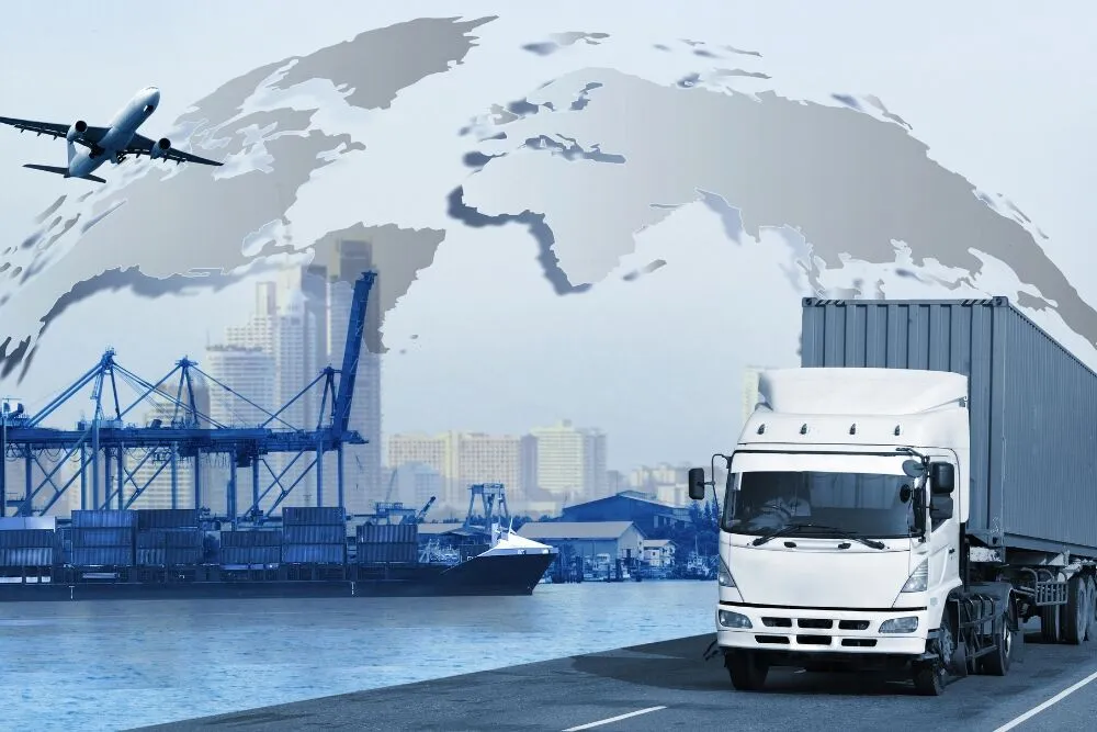 A conceptual composite image representing global logistics and shipping.
