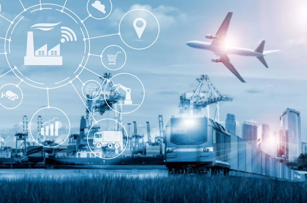 A digital collage of global logistics