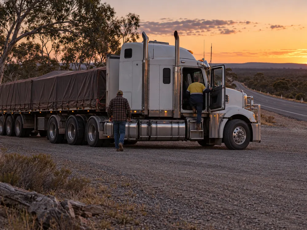Two people at a prime mover with a tarped trailer on a gravel roadside bay at dusk, one climbing into the cab