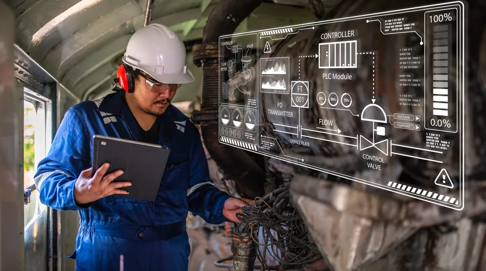 An industrial engineer wearing a hard hat and earmuffs uses a tablet to inspect machinery