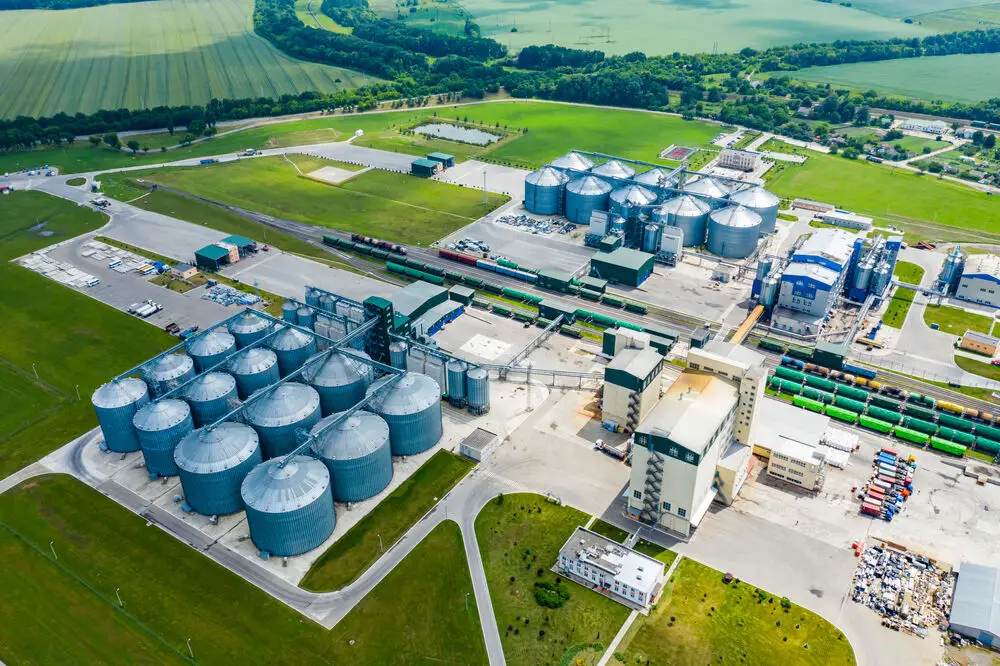 An aerial view of a large agricultural processing facility
