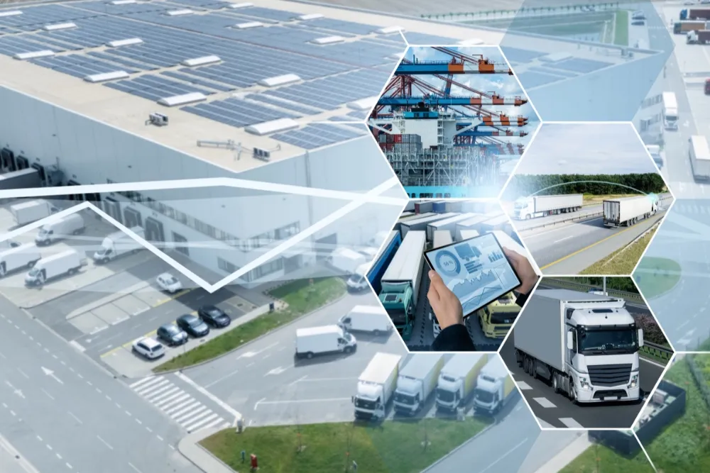 A digital collage showcasing logistics and supply chain management.