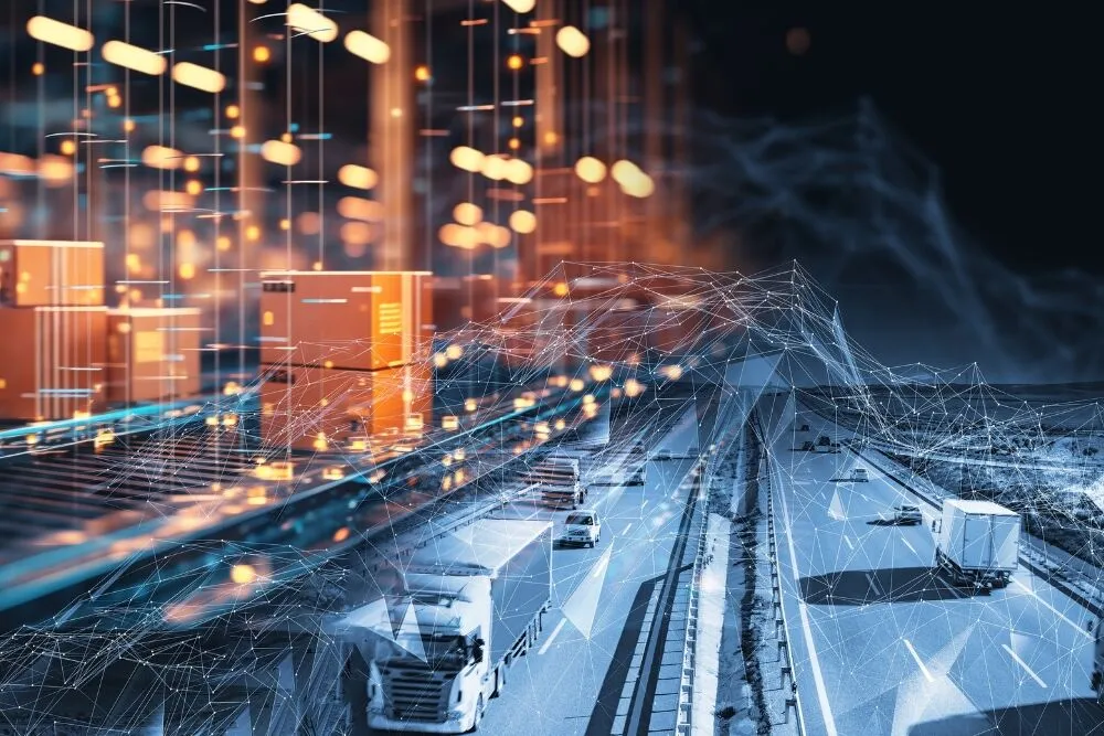 A conceptual digital double exposure combining an automated warehouse conveyor belt carrying packages on the left, with trucks driving down an open highway on the right.
