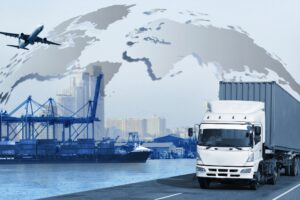 A conceptual composite image representing global logistics and shipping.